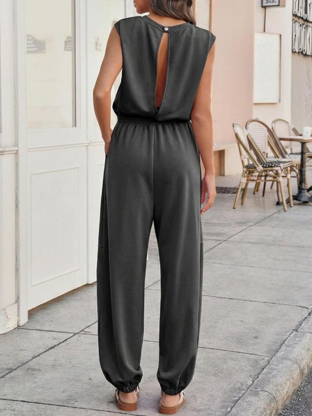 Women's Summer Long Jumpsuit Grey2 Round Neck Sleeveless Wide Leg with Pockets - Picture 2 of 6